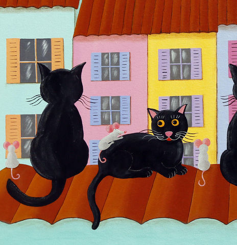 FRANÇOISE LEBLOND - Tableau décoratif enfant-FRANÇOISE LEBLOND-Toile sur châssis les chats sur les toits de franç