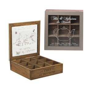 WHITE LABEL - boîte à tea time 9 cases en pin avec couvercle - Tea Box