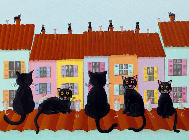 FRANÇOISE LEBLOND - Children's picture-FRANÇOISE LEBLOND-Toile sur châssis les chats sur les toits de franç