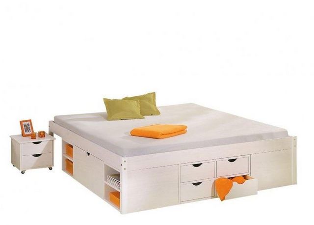 WHITE LABEL - Double bed with drawers-WHITE LABEL-Lit multi rangement TILL en pin massif blanc 2 cou